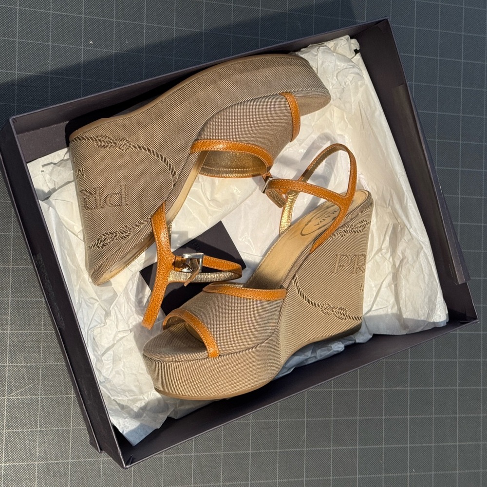 Prada Orange and Brown Wedge Sandals with Slingback Straps